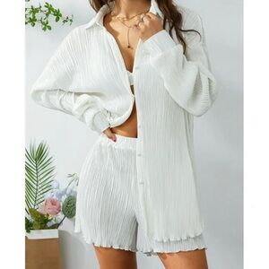 Women’s 2 Piece Pleated Shorts Long Sleeve Button Blouse Set Size S